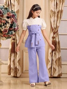 Tween Girl Contrast Color Short Puff Sleeve Button Design Shirt And Pants 2 Pieces Set - Multicolor - View 5