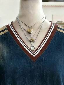 Lalippa 女款V領寬鬆T恤，復古藍色T恤，條紋印花圖案，夏季出遊上衣，圖案設計，高級質感，休閒百搭，日常穿著，戶外，購物，旅行戶外穿著 - 彩色 - 查看 4