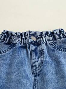 SHEIN Baby Girl Bow Frayed Hem Pocket Casual Denim Jeans Autumn Fall - Medium Wash - View 5