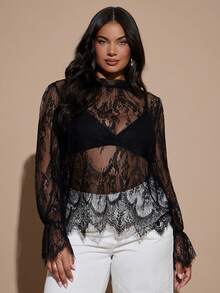 SHEIN BAE CURVE Plus Size Women's Lace Sexy Elegant Versatile Date Dinner Brunch Night Brunch Night Gym Party Outing Blouse Black Autumn Fall - Black - View 6