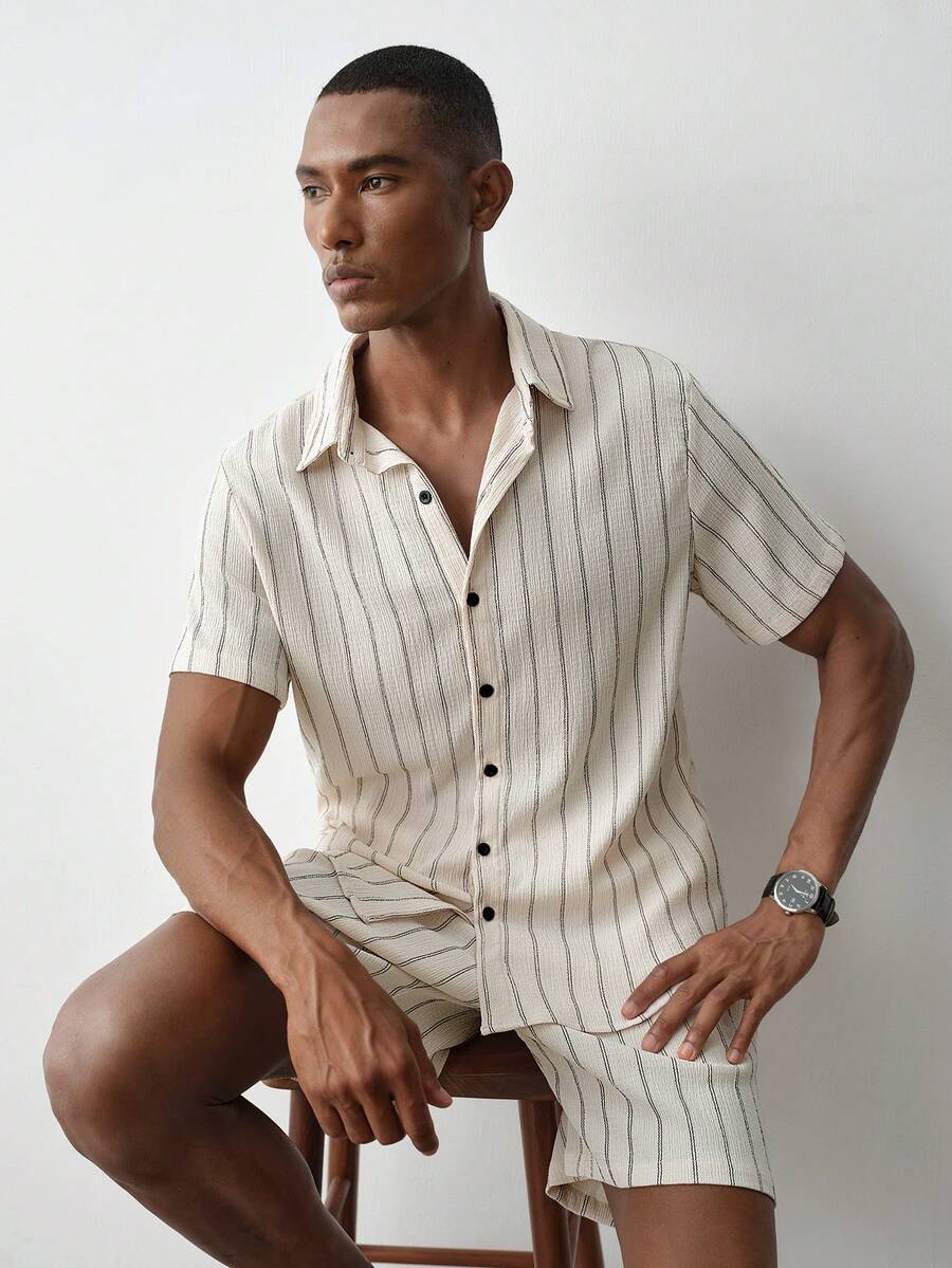 MENRIVO Men's Summer Casual Striped Shirt And Shorts Set - Beige - View 1