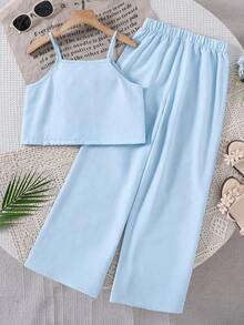 SHEIN Sparklyn Bộ đồ đi chơi cho bé gái tuổi teen, áo hai dây xếp tầng bèo nhún + quần ống rộng họa tiết hoa, thanh lịch cho đi chơi hàng ngày, đi biển, chụp ảnh - Màu xanh lam - Xem 2