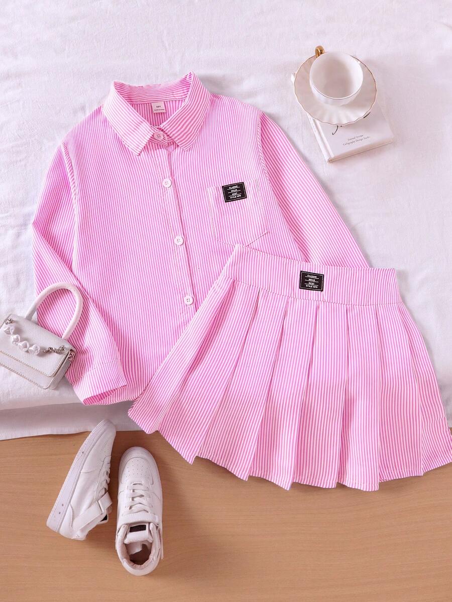SHEIN Genkimix Kids Conjunto de blusa de manga larga a rayas azules y falda con cintura elástica decorativa para niñas preadolescentes, de moda para otoño/invierno - Rosa - Ver 1