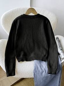 SHEIN Tween Girl Tween Girls' Loose Casual Minimalist Comfortable Round Neck Open Front Solid Color Sweater Autumn Winter Clothes For Girl - Black - View 2