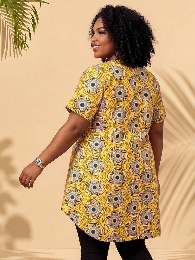 Plus Size Casual Allover Print Front Short Back Long Shirt Summer Tops Beach Outfits For Women Vacation Outfits Women