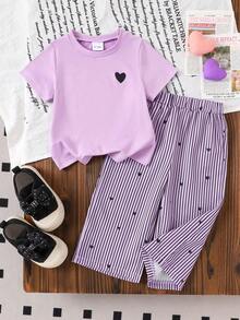 Baby Girl(3Sets, Get1 Set Random) Spring/Summer Casual Daily Cute Sausage Dog Print Round Neck T-Shirt + Pink Striped Long Pants Outfit Set, - Pink - View 3