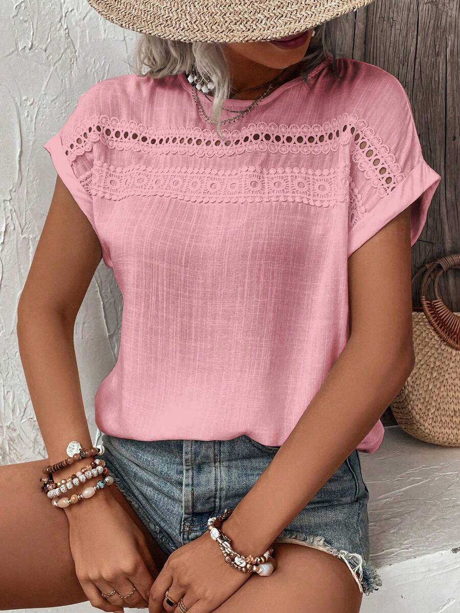 Breezaya Vacation Casual Solid Color Lace Patchwork Shirt