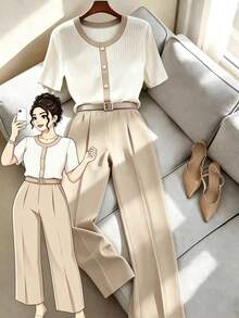 GlowEve CURVE Plus Size Women's Round Neck Short Sleeve Top And Pants Casual Two Pieces Set - Khaki - View 1