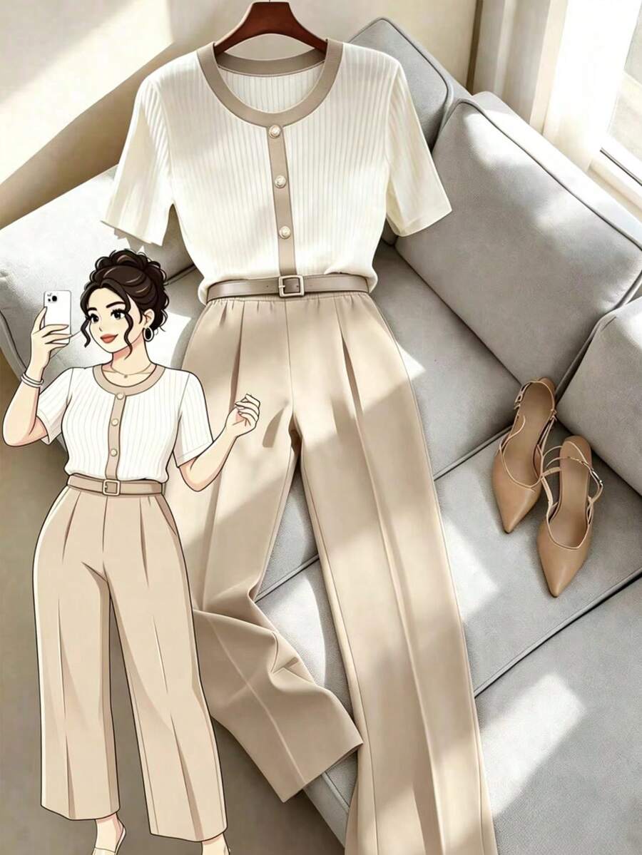 GlowEve CURVE Plus Size Women's Round Neck Short Sleeve Top And Pants Casual Two Pieces Set - Khaki - View 1