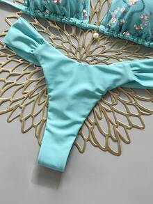 Swim Mod Bộ 2 món, áo ngực tam giác cổ yếm và quần bikini nữ sexy, vải sequin vân nổi trang trí ngọc trai giả, đồ bơi đi nghỉ dưỡng - Màu xanh bạc hà - Xem 5
