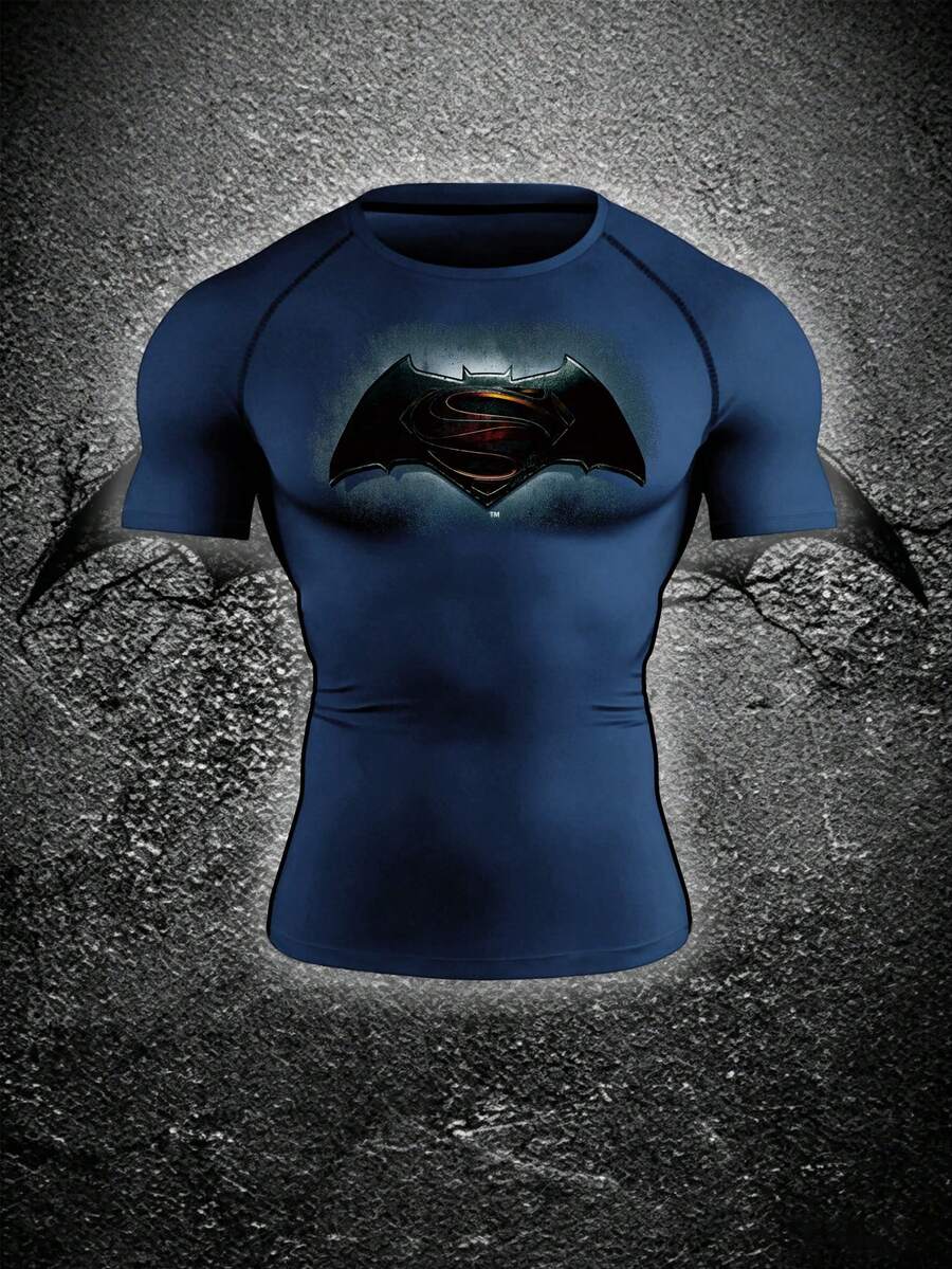 BATMAN X SHEIN RISE LYT Men's Bat Print Short Sleeve Sports T-Shirt, Gym - Royal Blue - View 1