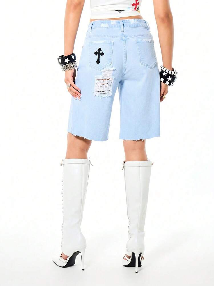 SUMWON WOMEN Bermuda-Shorts aus Jeans mit Kreuz-Applikation, hoher Taille, Destroyed-Optik, Rohem Saum und Rissen