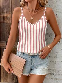 SHEIN Clasi Camisole V-Neck Longgar Motif Garis-Garis Tiruan Minimalis Kasual Warna Merah & Aprikot, Gaya Serbaguna Cocok untuk Musim Panas - MultiWarna - View 3