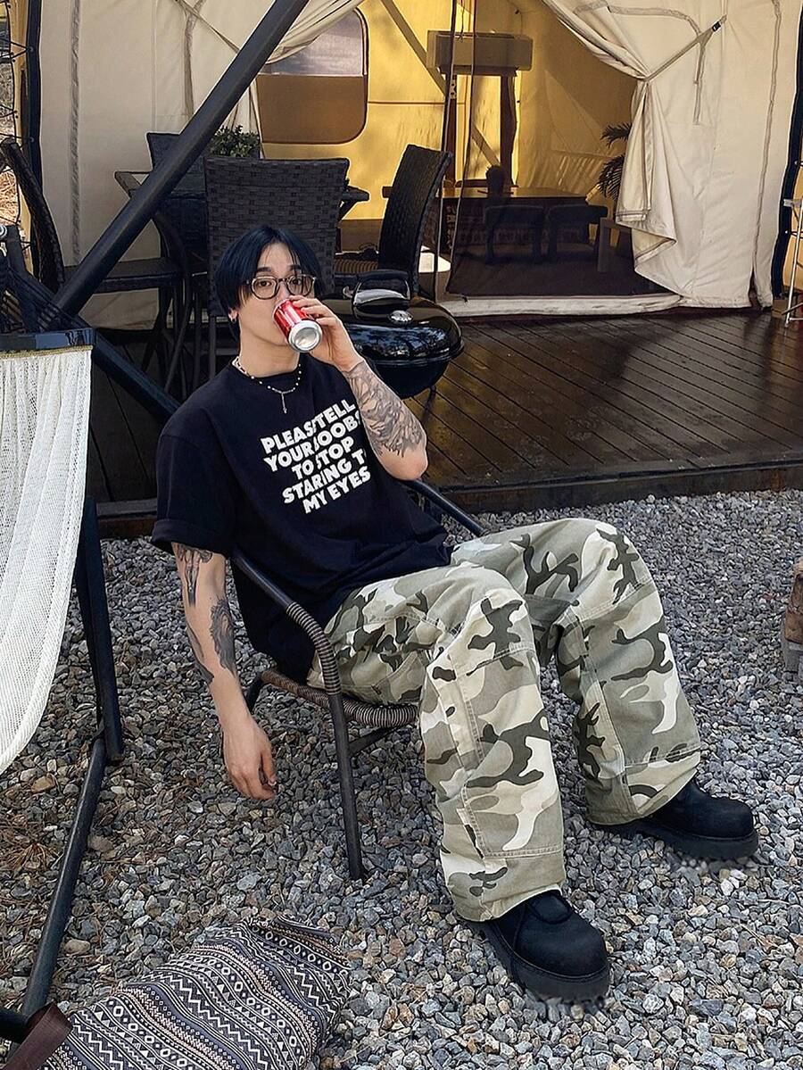 DAZY 男士長版迷彩工裝口袋設計直筒街頭風長褲 - 彩色 - 查看 1