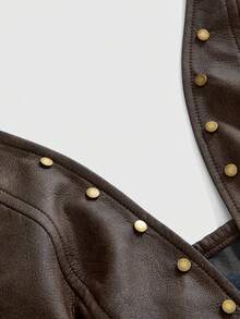ROMWE Hippie Retro Hot Girl Dark Brown PU Leather Bronze Stud Decor Women's Top - Brown - View 3