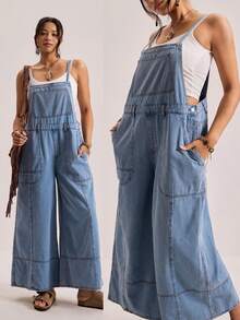 Freevana Plus Size Women's Pocket Casual Formal Daily Travel Denim Strapless Wide Leg Jumpsuit Light Blue Summer - Medium Wash - View 2