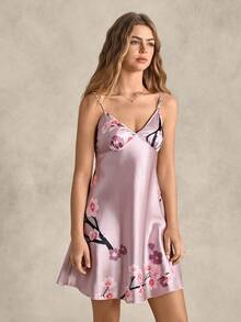 EverLounge Abito da notte in raso con stampa floreale, abito da pigiama, abbigliamento da relax di lusso per le donne - Champagne - Visualizzare 4