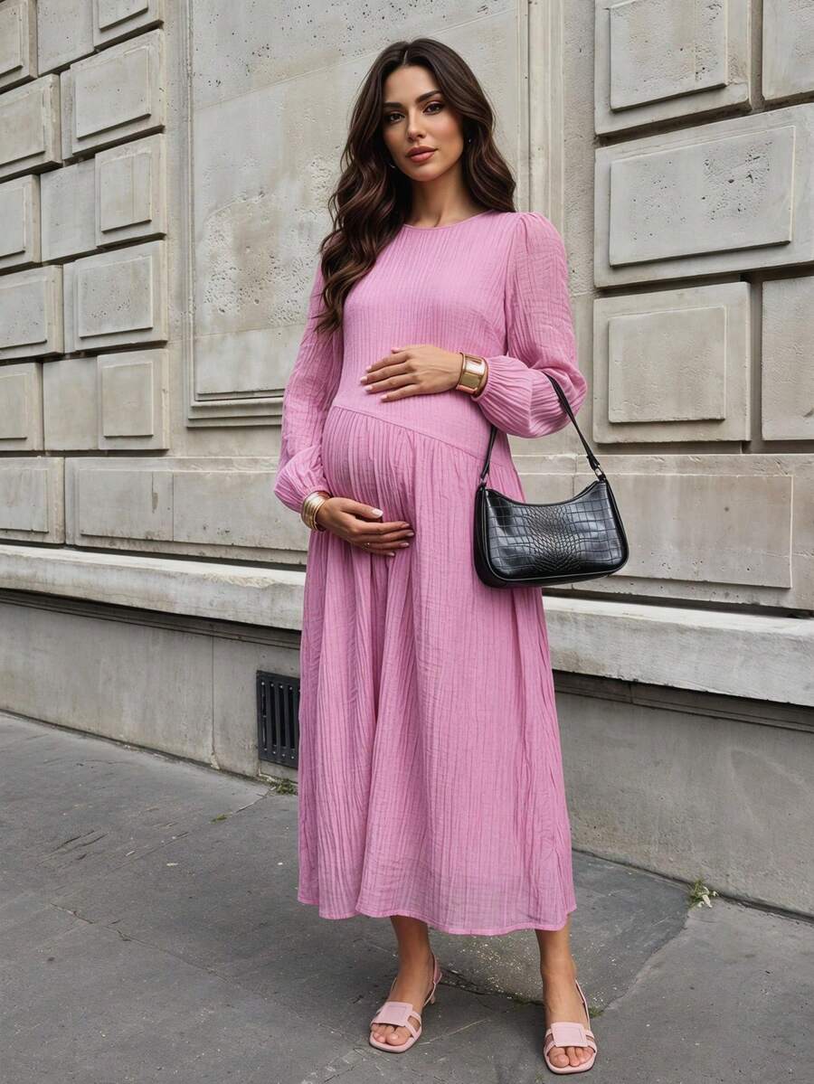 MaterniWear 孕妇休闲纯色纹理灯笼袖连衣裙