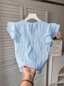 Kids Teen Girls Blue Summer Elegant Party Blouse,Textured Woven Round Neck Ruched Ruffle Trim Cap Sleeve Fitted Casual Blouses For Vacation Outing - Blue - View 2