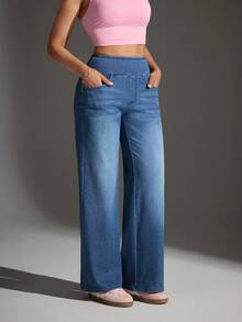 Flexra Quần jeans nữ dáng suông, chất liệu co giãn, kiểu dáng cơ bản, có thêu nơ. - Rửa trung bình - Xem 5