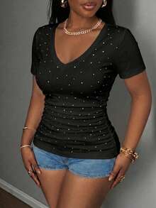 Slaydiva Casual Minimalist Rhinestone Embellished Black V-Neck T-Shirt, Suitable For Music Festivals In Summer - Black - View 4