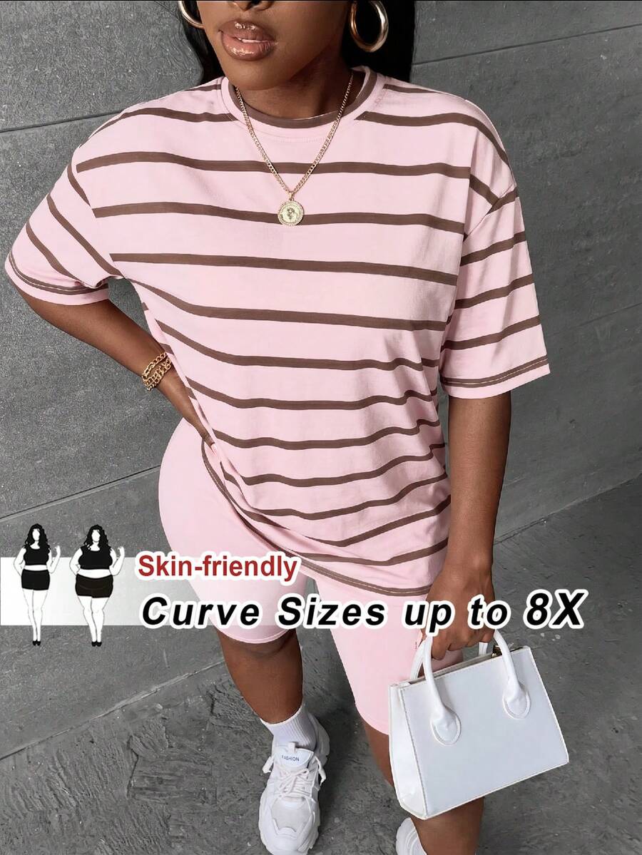 SHEIN CURVE+ Plus Size Women Striped Short Sleeve Top And Shorts Casual Daily Outfit - Multicolor - View 1