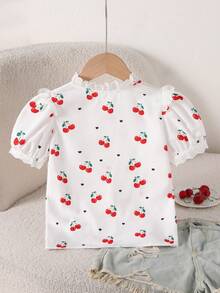 SHEIN Playful Pals 女童休閒時尚荷葉邊泡泡袖櫻桃印花襯衫，適合夏季休閒外出 - 白色 - 查看 2