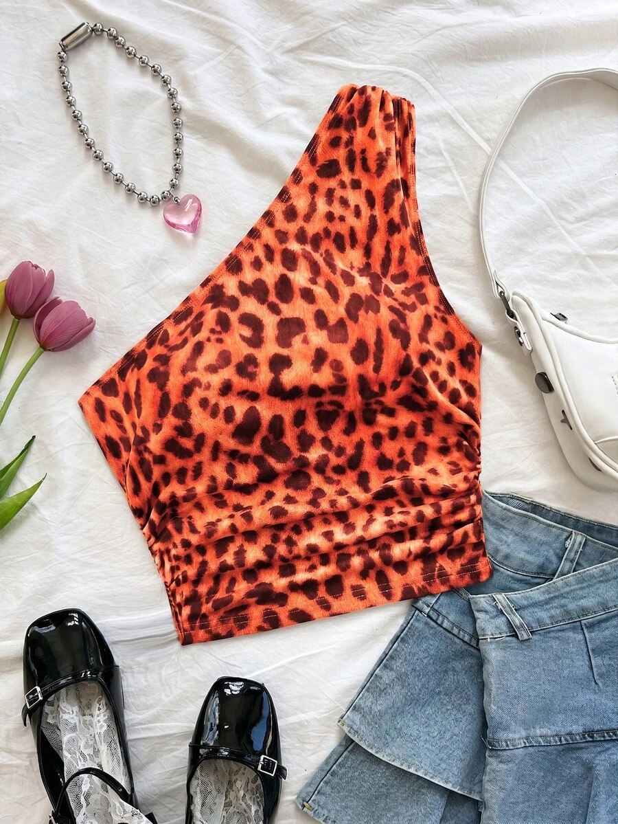 Soleia Sexy Casual One-Shoulder Ruched Leopard Print Top Club Orange Red Summer - Orange - View 1