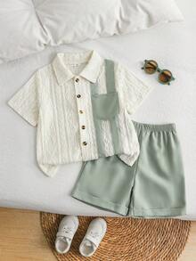 2pcs/Set Young Boy Casual Solid Color Jacquard Fabric Patchwork Striped Short Sleeve Shirt And Shorts Set, Suitable For Daily Casual, Vacation, Sports, Summer - Green - View 3