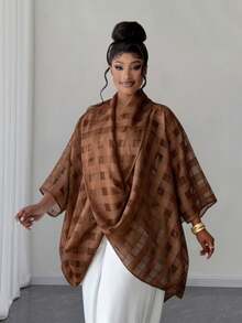 Maweii Plus Size Summer Retro Elegant Plaid Mesh Ruffled Collar Blouse - Brown - View 5