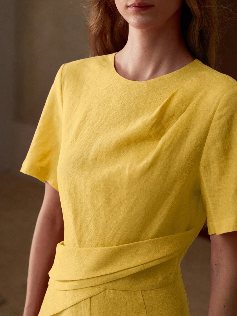 MOTF PREMIUM WOMEN'S 100% LINEN CASUAL & DATE ROUND NECK SHORT SLEEVE MIDI DRESS, SPRING/SUMMER - Yellow - View 2