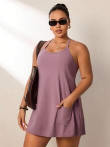 Easithlete Plus Size Women's Summer Minimalist Solid Color Patchwork Pocket Racerback Sports Dress - Dusty Purple - View 6