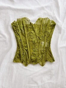 Soleia 歐美性感平口蕾絲雙層修身束腰上衣，鏤空刺繡，Ins風白色夜店女裝，適合外出、婚禮賓客，秋冬穿搭 - 綠色 - 查看 3