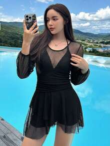 DAZY 女款度假對比色網格長袖連身泳衣 夏季 - 黑色 - 查看 2