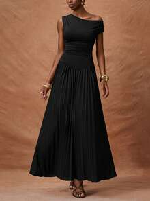 Zivah Easter St. Patrick's Day Valentine's Day Wedding Guest Party Asymmetric Shoulder Patchwork Pleated Hem Long Black Knit Dress - Black - View 6