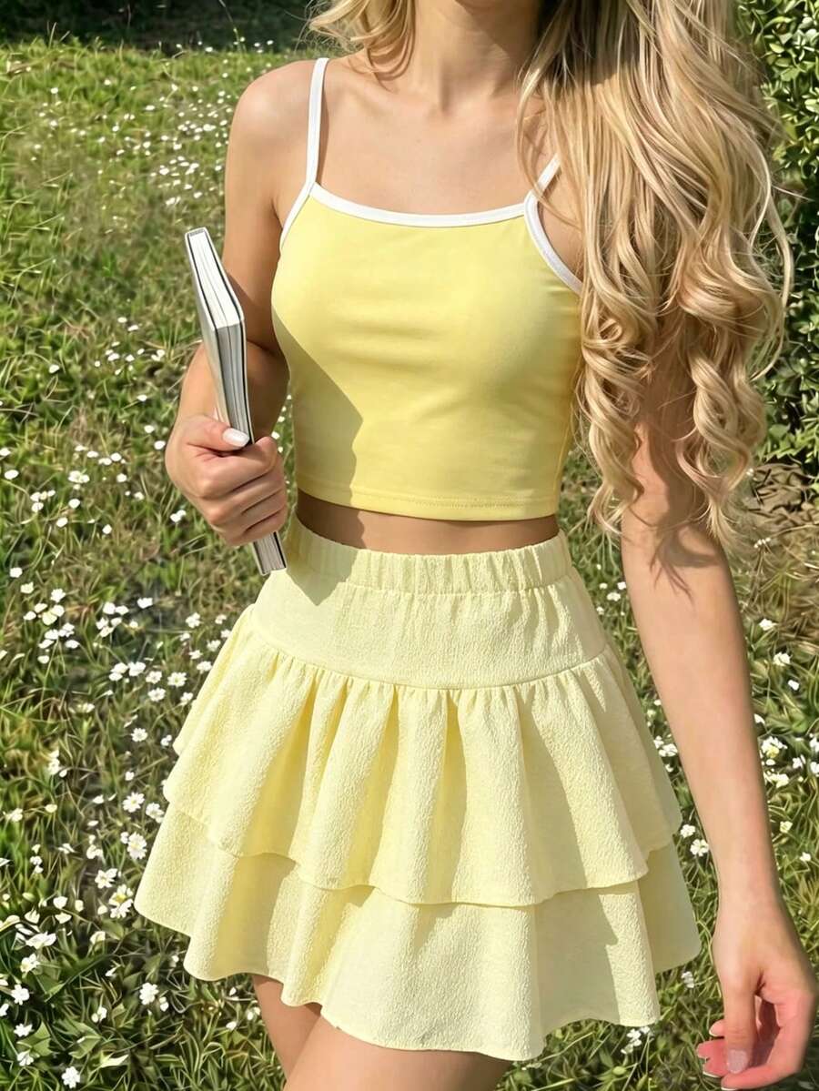 SHEIN 青少年女孩休閒時尚度假風對比色針織面料吊帶上衣搭配寬鬆編織紋理面料中長裙,舒適適用於夏季日常、通勤、戶外、派對、海灘度假 - 黃色 - 查看 1