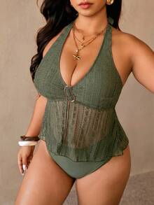 Auralis Plus Size Women Beach Vacation Halter Tankini Set Bathing Suits For Women - Green - View 5