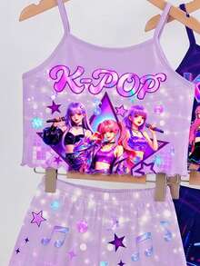 SHEIN [Randomly Sent 1 Set]Girls' Summer Fashion Cool K-Pop Girl Group Pattern Positioned Print Camisole Paired With Girl Group Pattern All-Over Print Shorts With Ruffle Edge Design, Knit Fabric, Comfortable And Soft, 2-Piece Set, Loungewear Pajamas Suitable For Home And Outings, Versatile - Multicolor - View 5