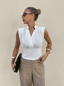 Lavishia Women's Fashion Commuter Brunch Wide Shoulder Stand Collar Blouse, Summer Teachers' Day White Elegant Smart Casual - White - View 4