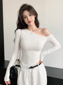 DAZY Women's Asymmetrical Shoulder Lettuce Trim Fit Ruched T-Shirt Long Sleeve Women Tops - White - View 8