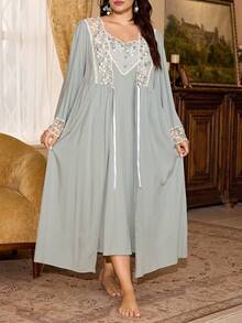 PalaceNights Palace Style Embroidered Lace Robe, Comfortable Homewear Can Be Worn Outdoors, 2pcs Camisole Dress Pajama Set - Green - View 5