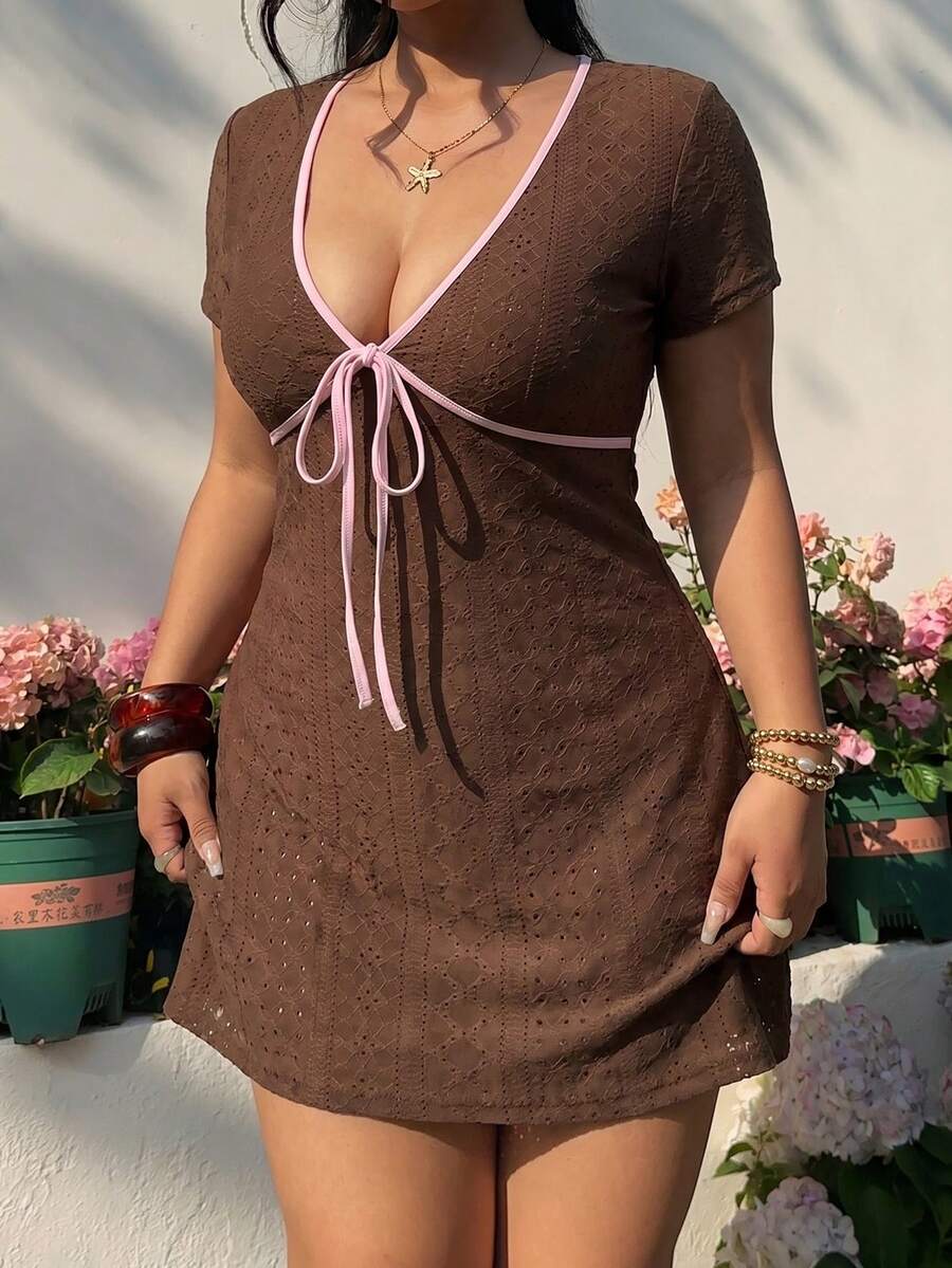 GalTyme Plus Size Women's Color Block Tie Front Fashion Date Party Dress - Chocolate Brown - View 1