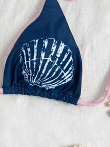 Elavelle Swim Mod 海洋印花三角比基尼，深藍色 & 淺粉色滾邊，性感掛脖綁帶泳衣，適合夏季 - 藏蓝色 - 查看 6