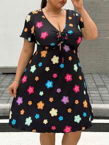 SHEIN CURVE+ Plus Size Women's Floral Casual Dress, Fashionable For Spring And Summer, New Spring Dress - Black - View 7