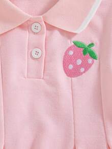 SHEIN 1件女嬰可愛粉色水果貼布對比領百褶短袖柔軟 Polo 連身裙 夏季日常派對公園春夏季洋裝 - 粉色 - 查看 11