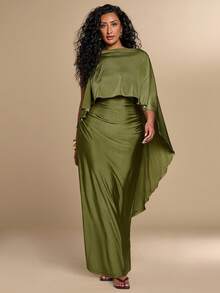 SHEIN BAE CURVE Elegantes blassgelbes Sommerkleid in Große Größen für Damen, figurbetont mit Raffung, perfekt für Essen, Strandurlaub, Partys, Dates, Brunch und andere besondere Anlässe - Grün - Übersicht 1