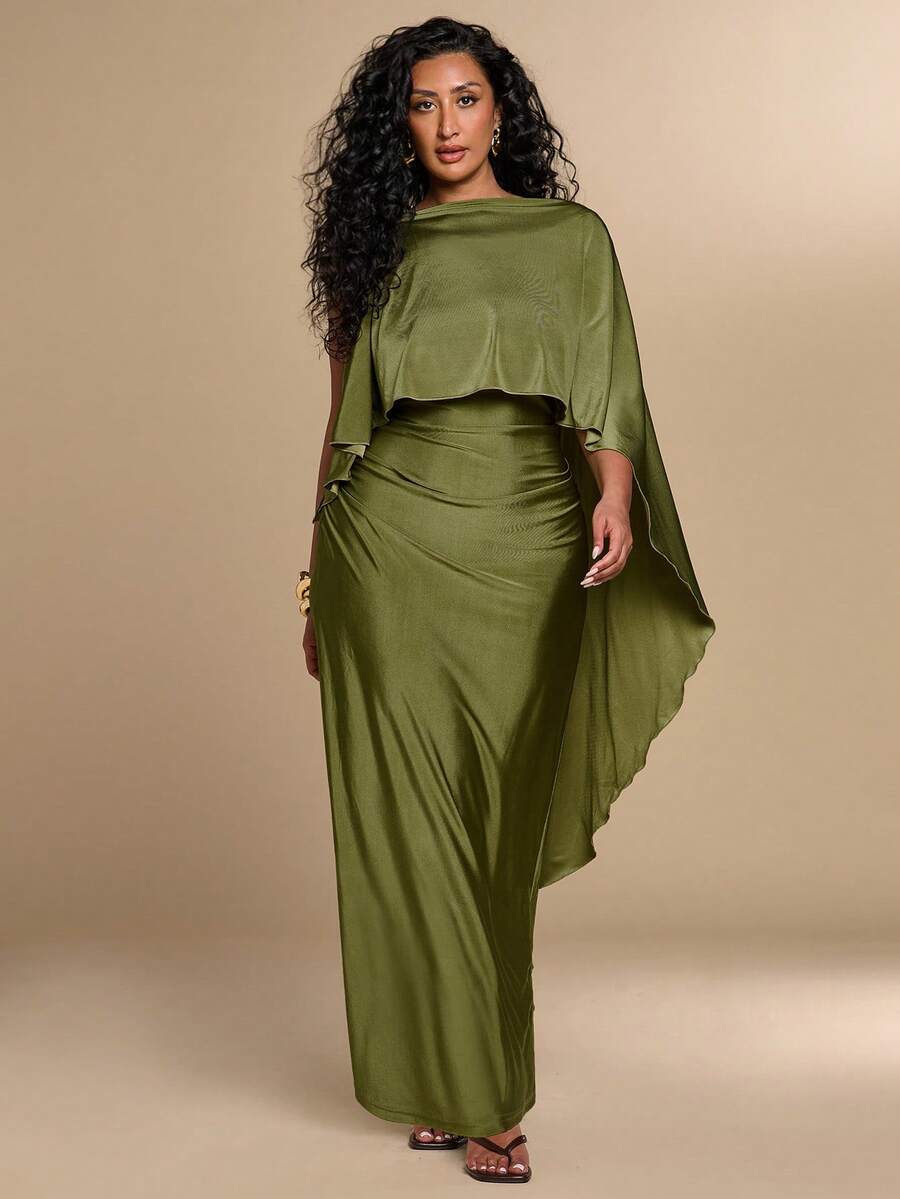 SHEIN BAE CURVE Elegantes blassgelbes Sommerkleid in Große Größen für Damen, figurbetont mit Raffung, perfekt für Essen, Strandurlaub, Partys, Dates, Brunch und andere besondere Anlässe - Grün - Übersicht 1