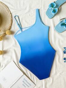 SHEIN Traje de baño de una pieza con corte en la cintura y degradado de color para niña preadolescente - Azul y blanco - Ver 2