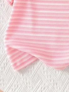 Elladie kids 少女針織粉色條紋輕盈面料可愛荷葉袖短袖T恤圓領套頭衫百搭適合旅行度假穿搭 - 粉色 - 查看 6