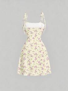 SHEIN MOD 系带肩部前褶饰腰部 A 字形迷你碎花连衣裙 - 彩色 - 查看 2
